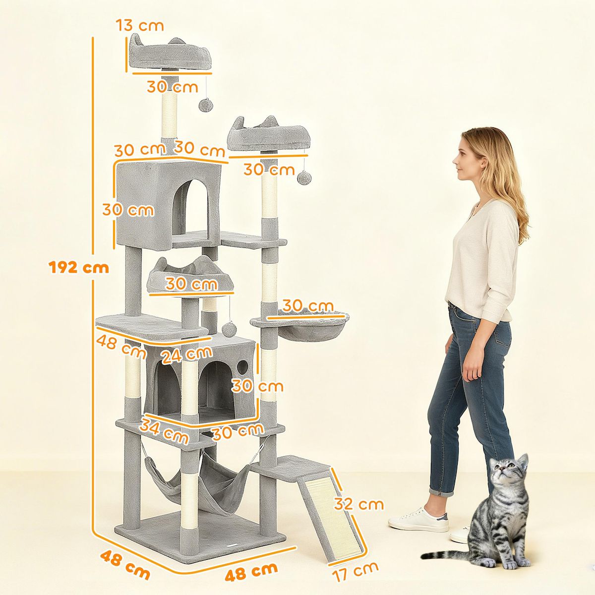 PAWHUT Arbre à chat design XXL gris clair multi-activités - zones de repos, griffoirs, grattoir - H.192 cm