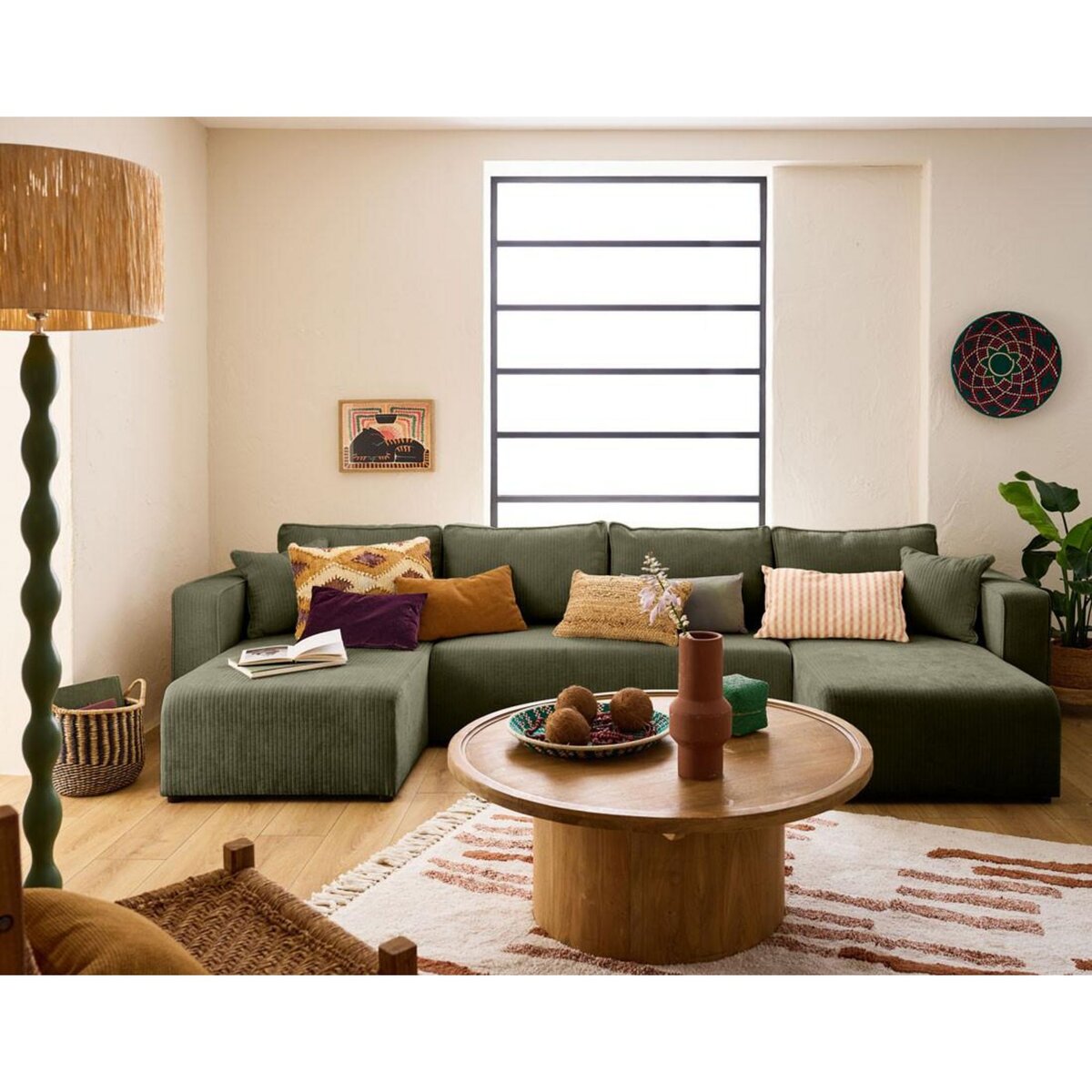 BEST MOBILIER Topaze - canapé panoramique en u - 7 places - convertible avec coffre - en velours côtelé plat