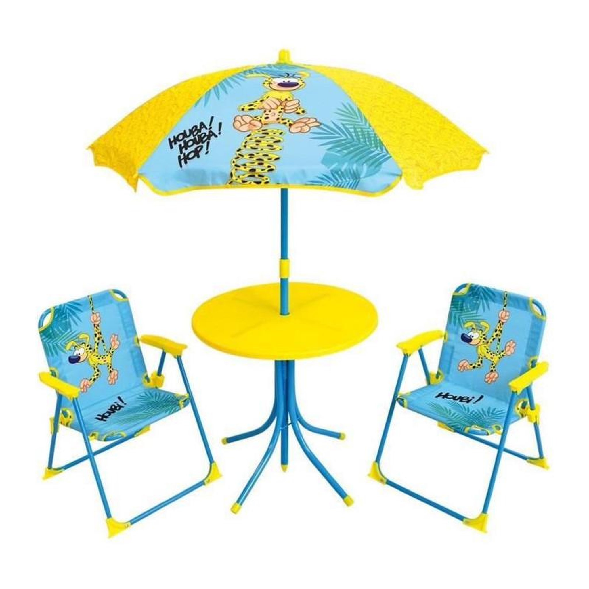 Fun House MARSUPILAMI Salon de jardin pour enfants comprenant 1 table, 2 chaises pliantes et 1 parasol