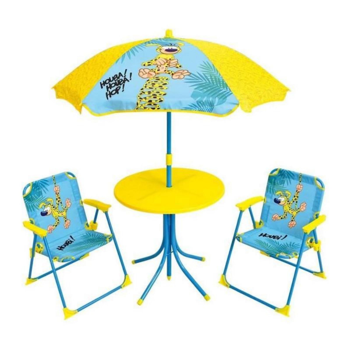 Fun House MARSUPILAMI Salon de jardin pour enfants comprenant 1 table, 2 chaises pliantes et 1 parasol