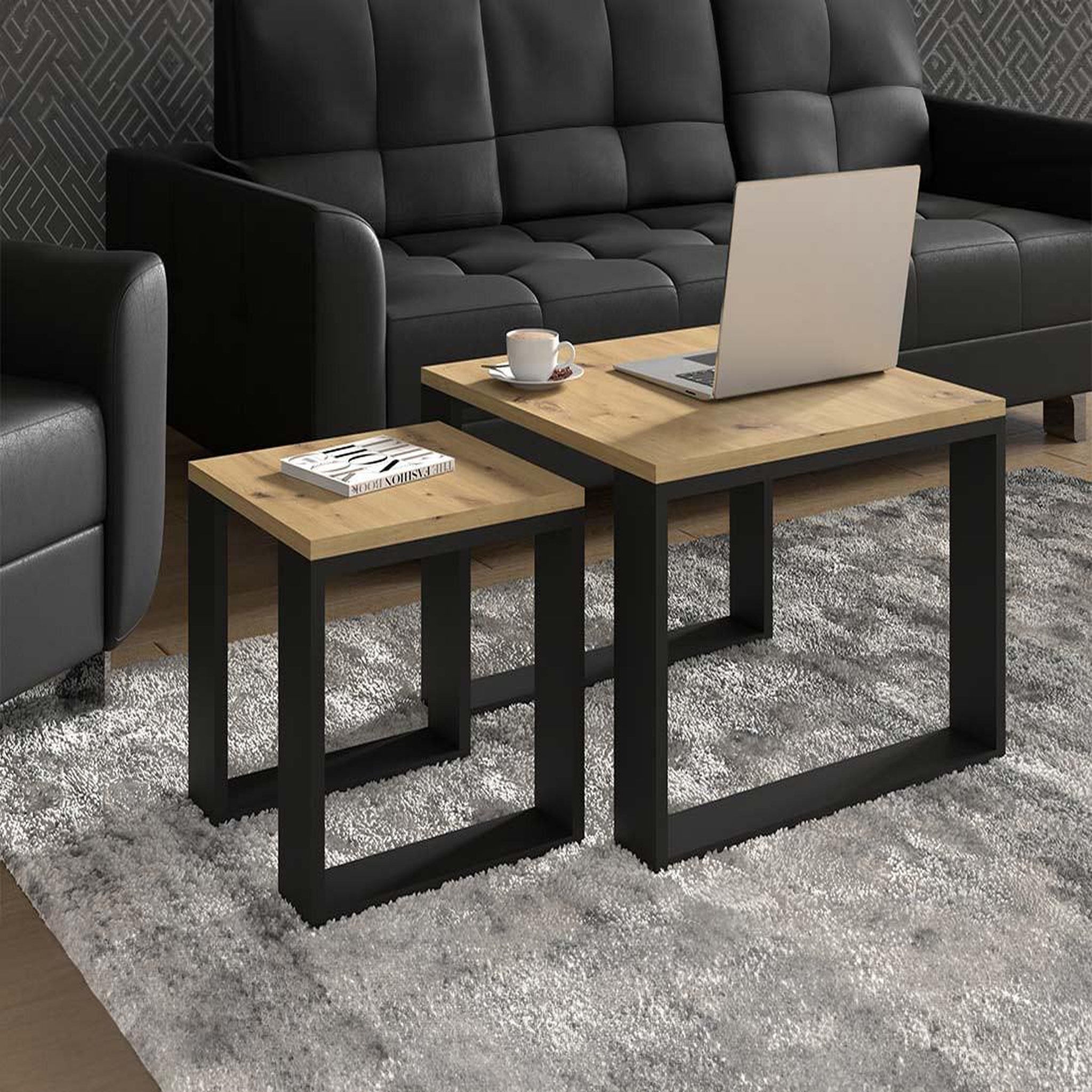 Voir la diapositive 4 : BEST MOBILIER Donnely - lot de 2 tables basses - effet bois et noir - 60 et 38 cm