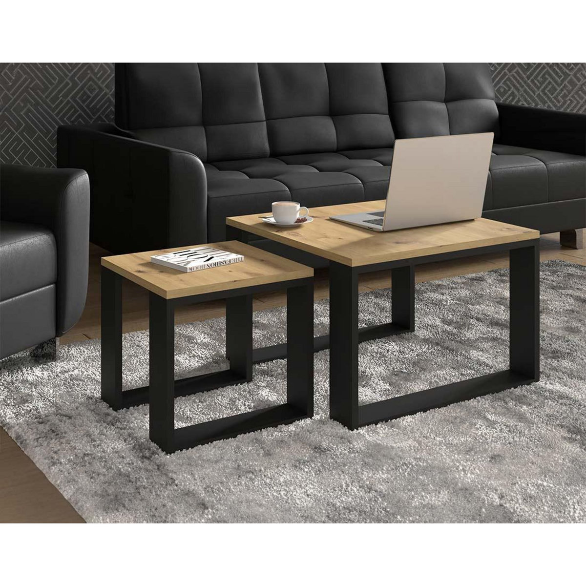 BEST MOBILIER Donnely - lot de 2 tables basses - effet bois et noir - 60 et 38 cm