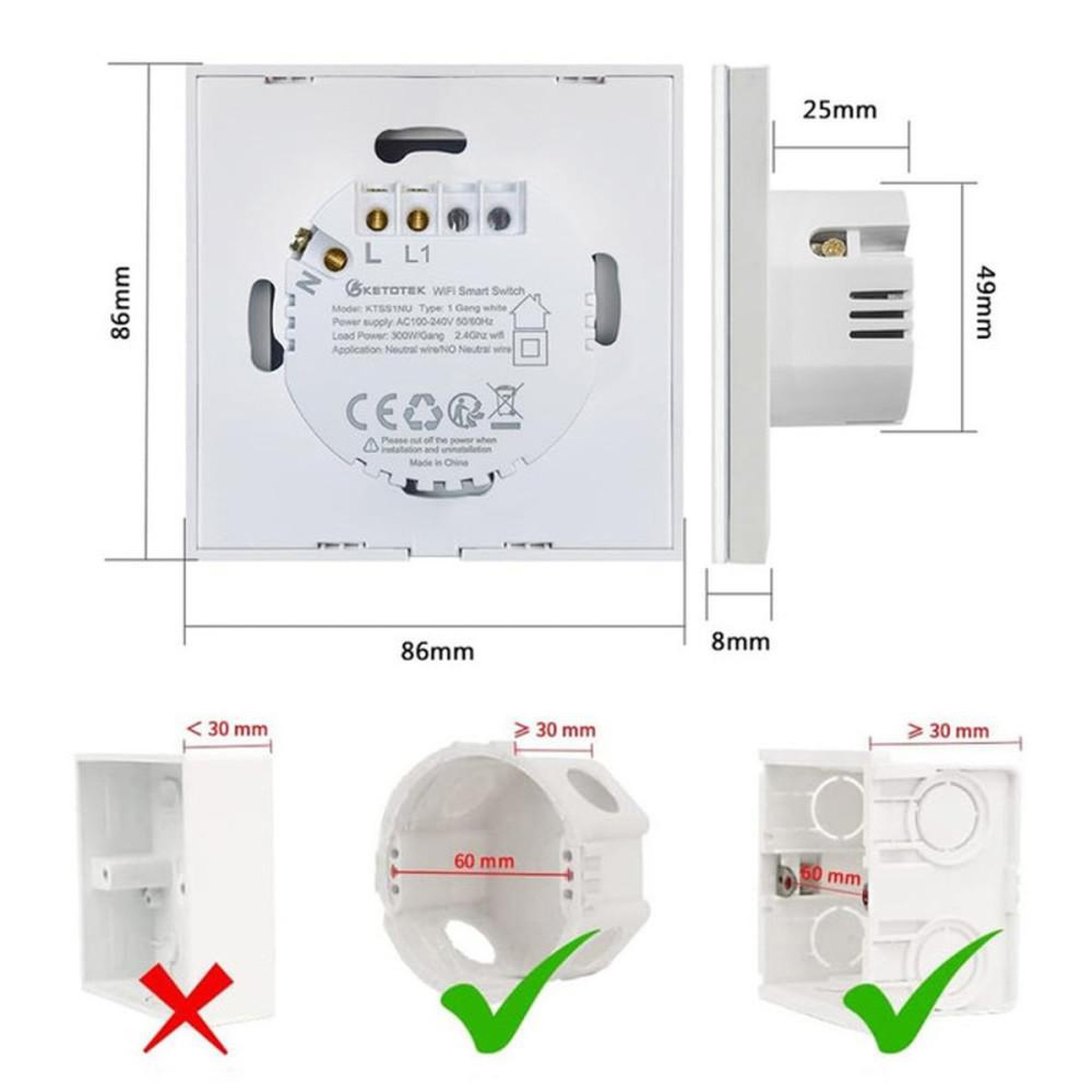 Voir la diapositive 6 : Interrupteur mural Wi‑Fi encastrable 1 voie tactile avec verre trempé blanc, panneau tactile capacitif, compatible Alexa et Google, Tuya/Smart Life