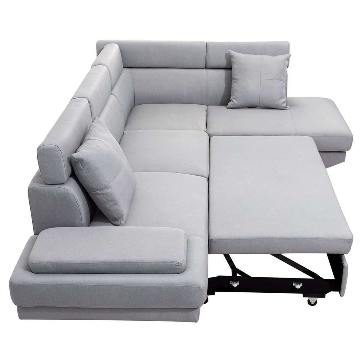 Canapé d'angle droit convertible 5 places tissu pieds bois clair MARIUS 