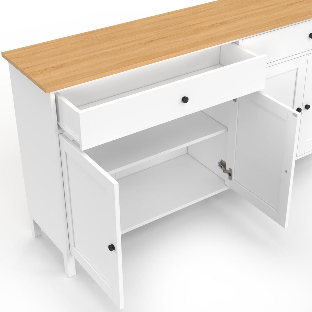 ID MARKET Buffet 160cm ACHILLE 4 portes et 2 tiroirs blanc et plateau bois