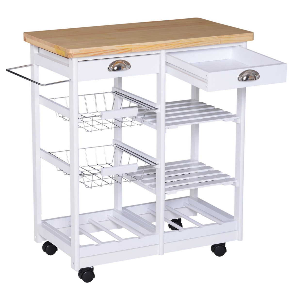 HOMCOM Chariot de service desserte de cuisine à roulettes multi-rangements 74L x 37l x 76H cm plateau bois massif pin châssis MDF