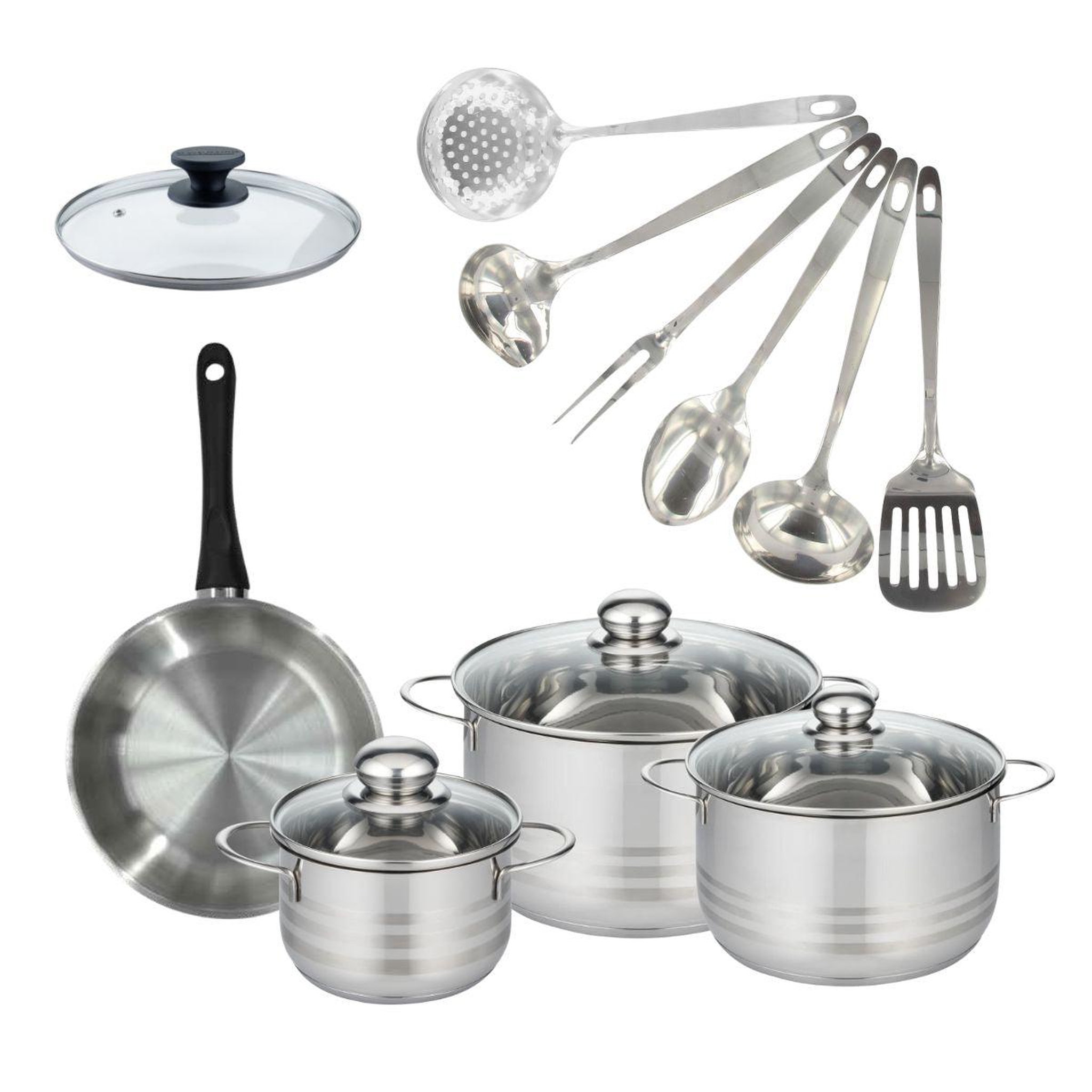 Fackelmann Batterie de cuisine avec 1 poêle 20 cm et 3 faitouts 16/20/24 cm avec 7 ustensiles de cuisine fackelmann généva brillant oxford avec couvercles