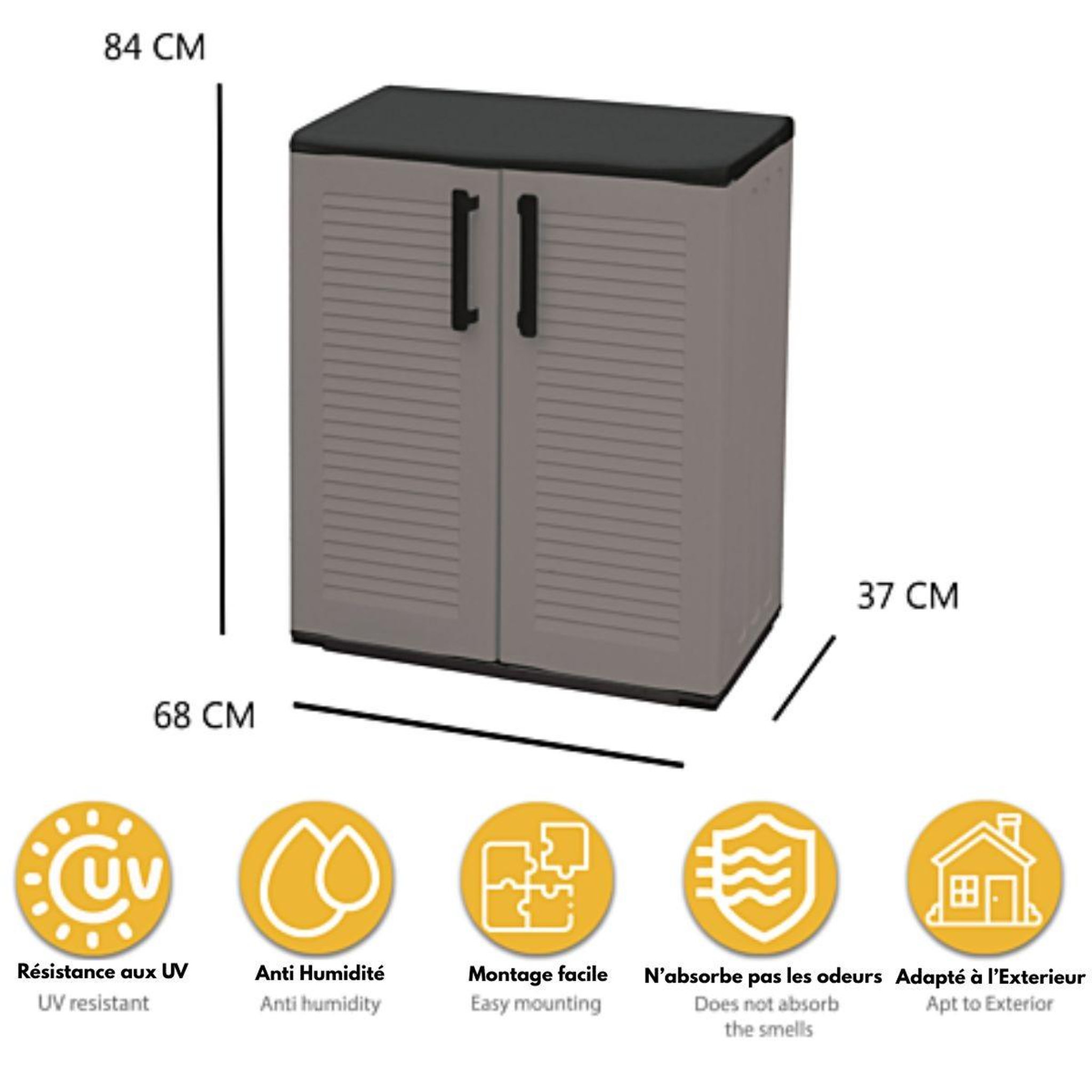 Voir la diapositive 2 : ART PLAST Armoire de rangement grise armoire basse 2 portes polypropylène - meuble de rangement 68 x 37 x h84 cm artplast
