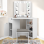 Voir la diapositive 2 : ID MARKET Coiffeuse d'angle ZELIA blanche 3 miroirs LED, 3 étagères, 1 tiroir, 1 caisson de rangement et tabouret
