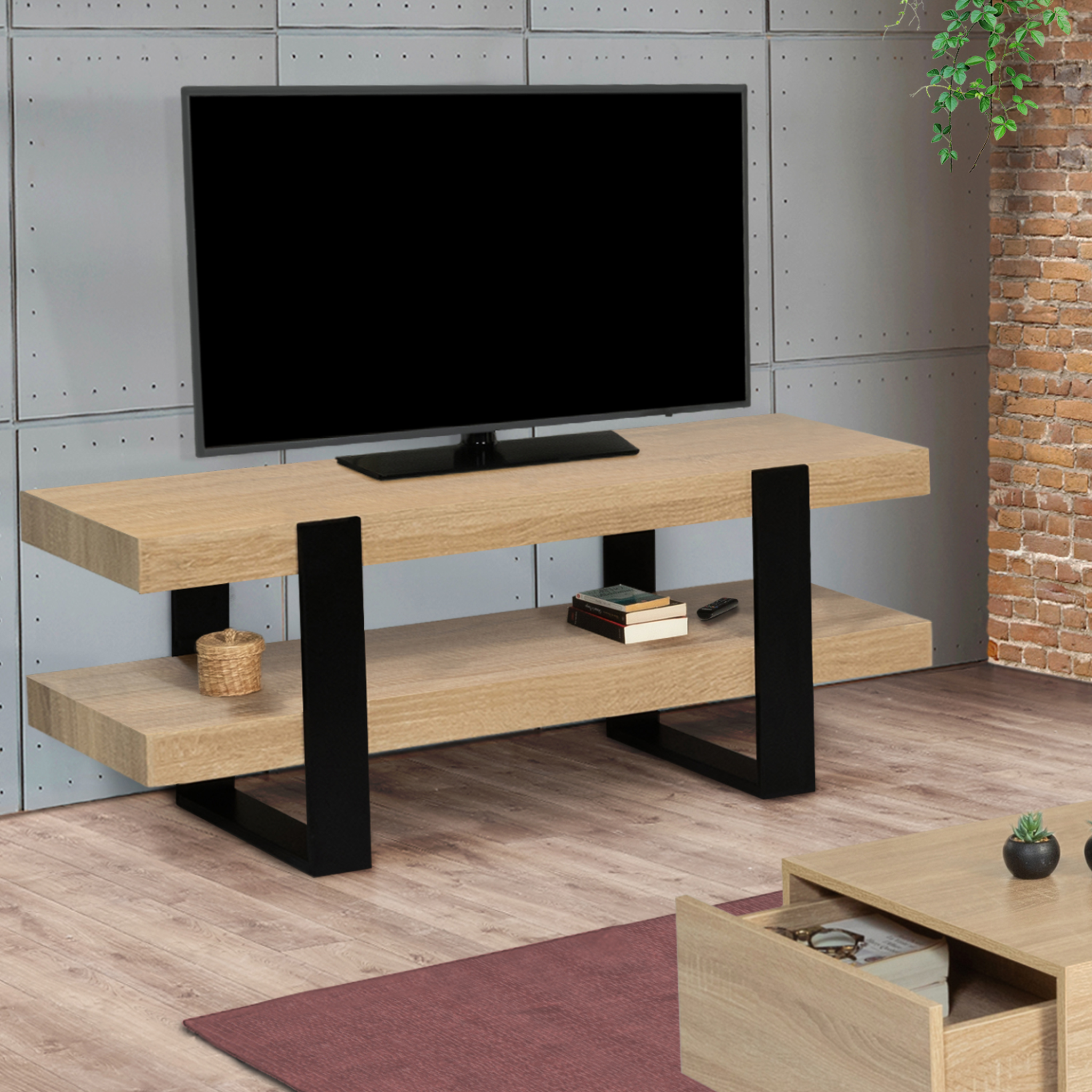 Voir la diapositive 2 : ID MARKET Meuble tv 114 cm double plateau phoenix bois et noir