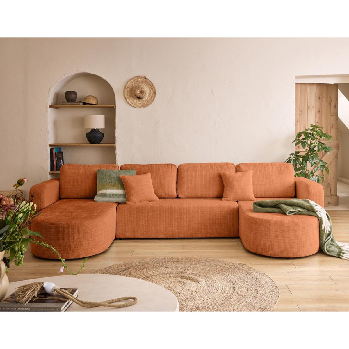 BEST MOBILIER Miro - canapé panoramique en u 7 places - convertible avec coffre - en velours texturé