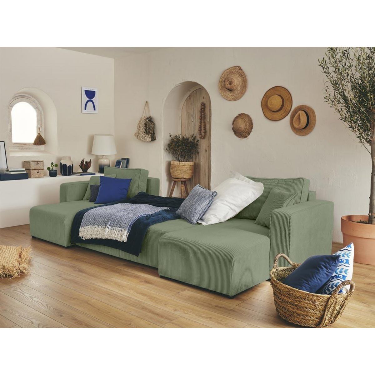 BEST MOBILIER Topaze - canapé panoramique en u - 7 places - convertible avec coffre - en velours côtelé