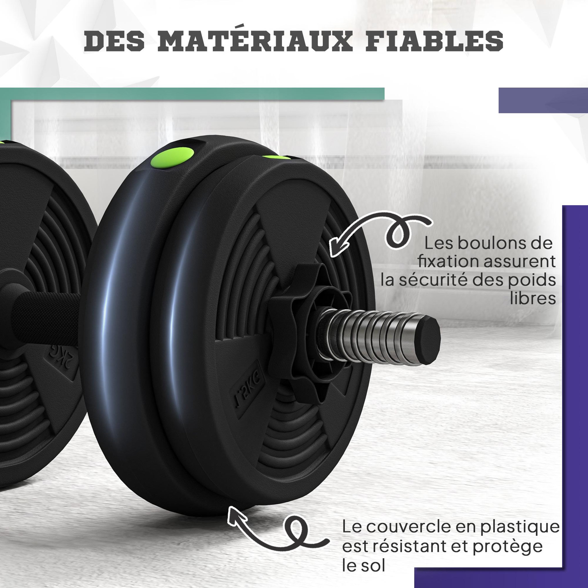 Voir la diapositive 6 : HOMCOM Haltères 2 en 1 réglables - haltères libres 15 kg - barres incluses - entraînement musculaire & haltérophilie - noir vert