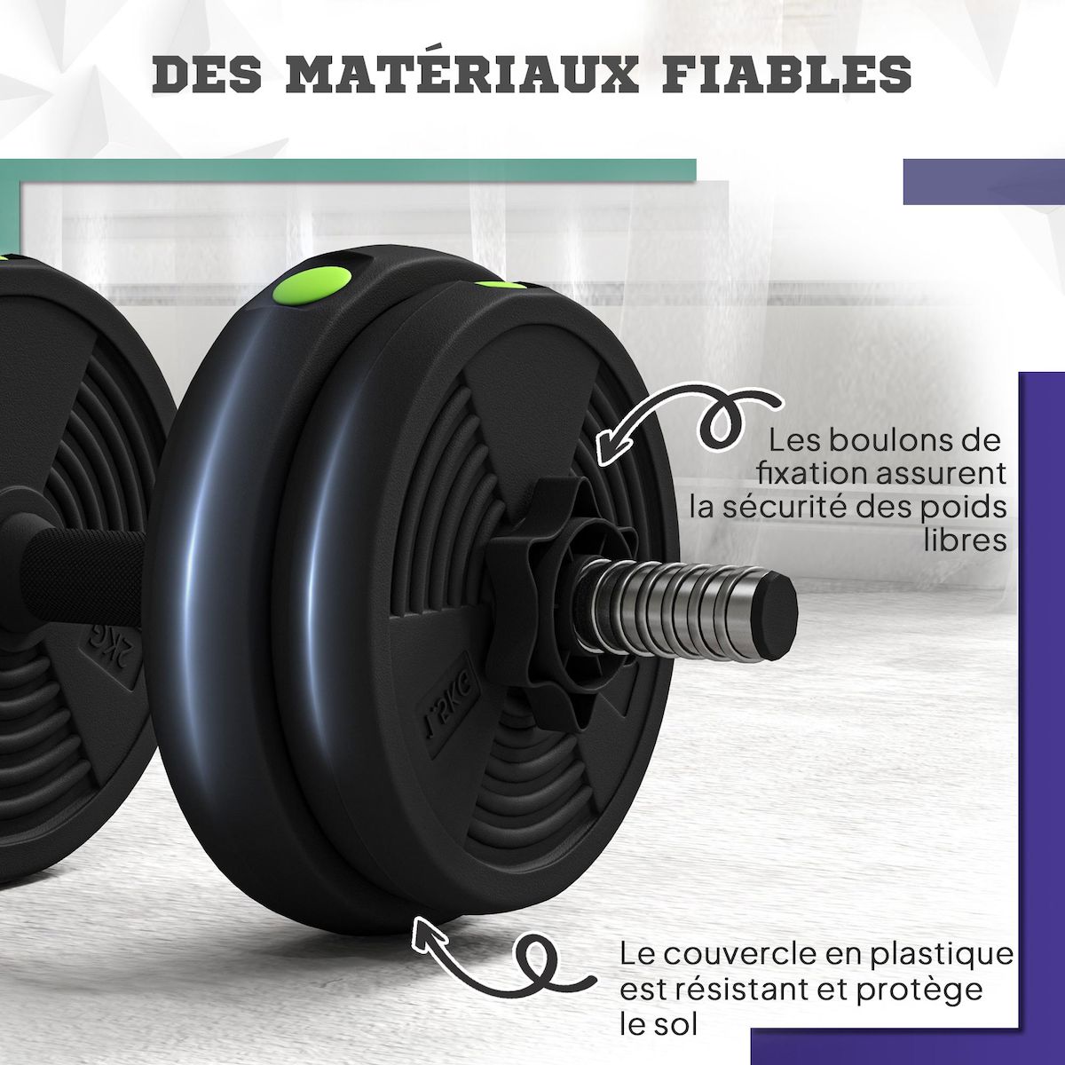 HOMCOM Haltères 2 en 1 réglables - haltères libres 15 Kg - barres incluses - entraînement musculaire & haltérophilie - noir vert