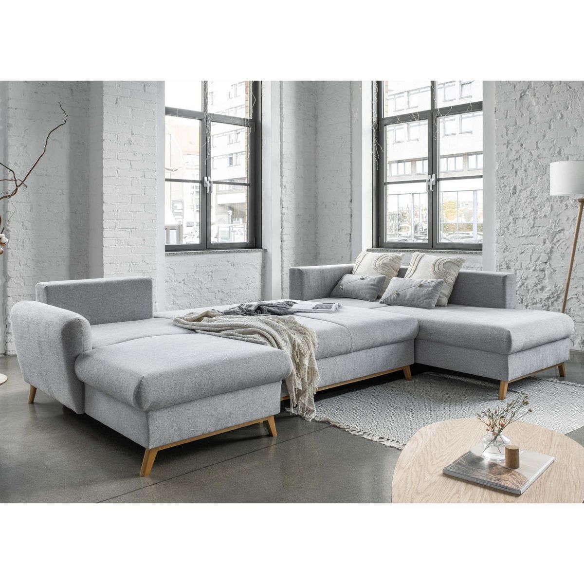 BEST MOBILIER Lagom - canapé d'angle panoramique - convertible - avec coffre - en tissu - 7 places - droit