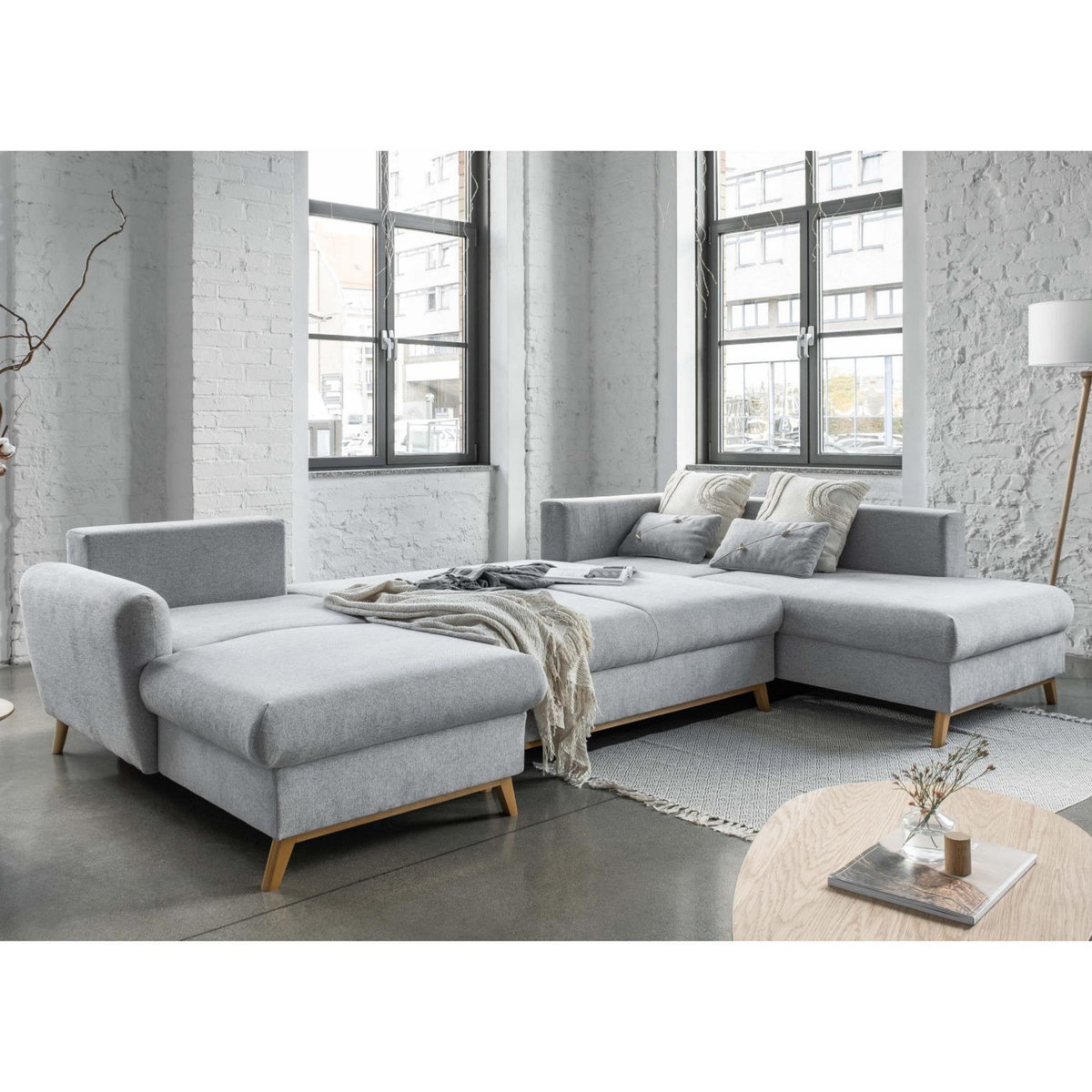 BEST MOBILIER Lagom - canapé d'angle panoramique - convertible - avec coffre - en tissu - 7 places - droit