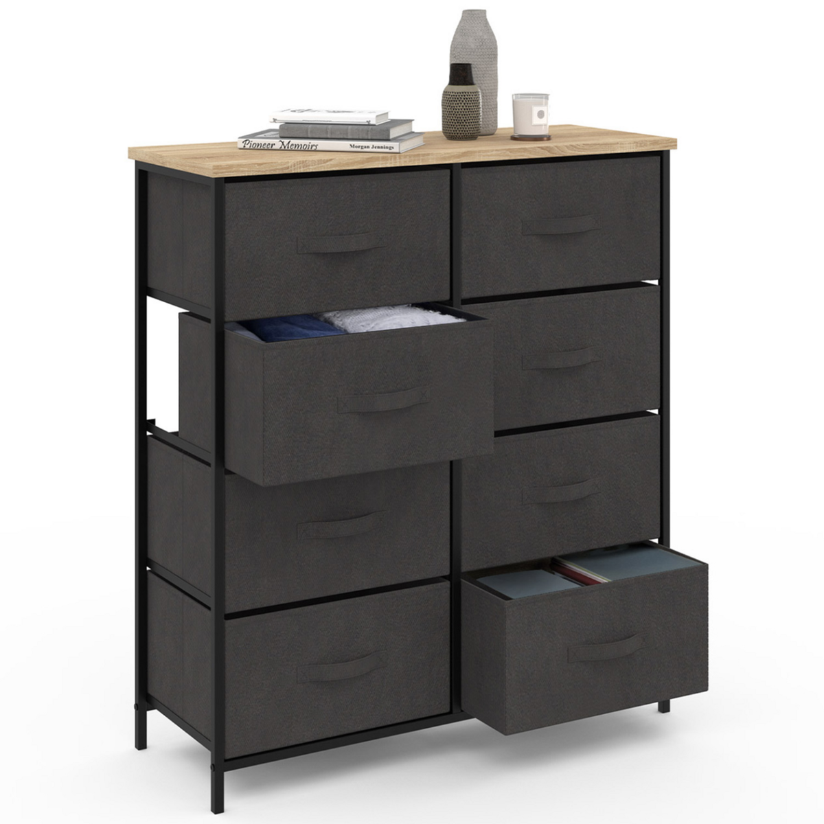 ID MARKET Commode 8 tiroirs en tissu ALTA 80 cm gris anthracite et plateau effet bois design industriel