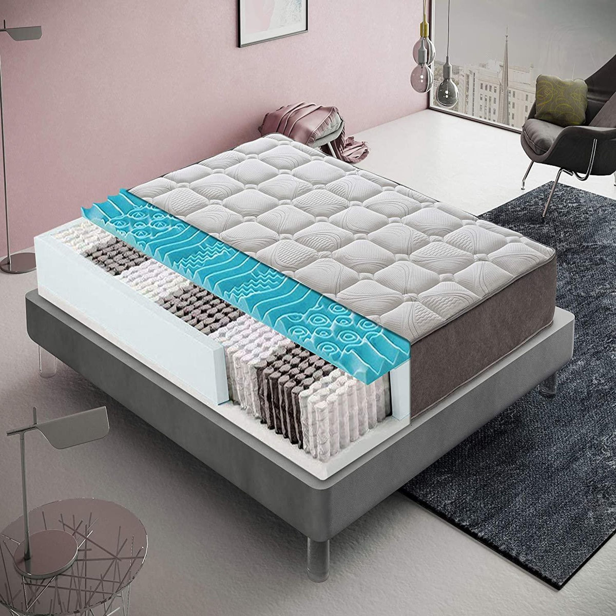ILOVESLEEP Matelas Ressorts Ensachés 200x200 cm, HYBRID - Accueil Mémoire De Forme - Epaisseur 25 Cm