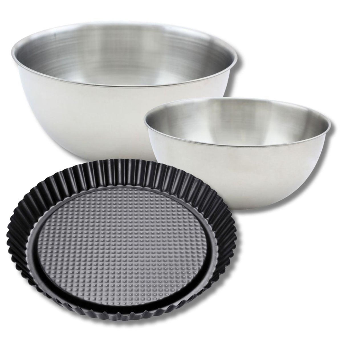 ZENKER Ensemble comprenant 1 moule à tarte renversée 30 cm, 1 spatule Zenker et 2 bols à mixer en inox Fackelmann