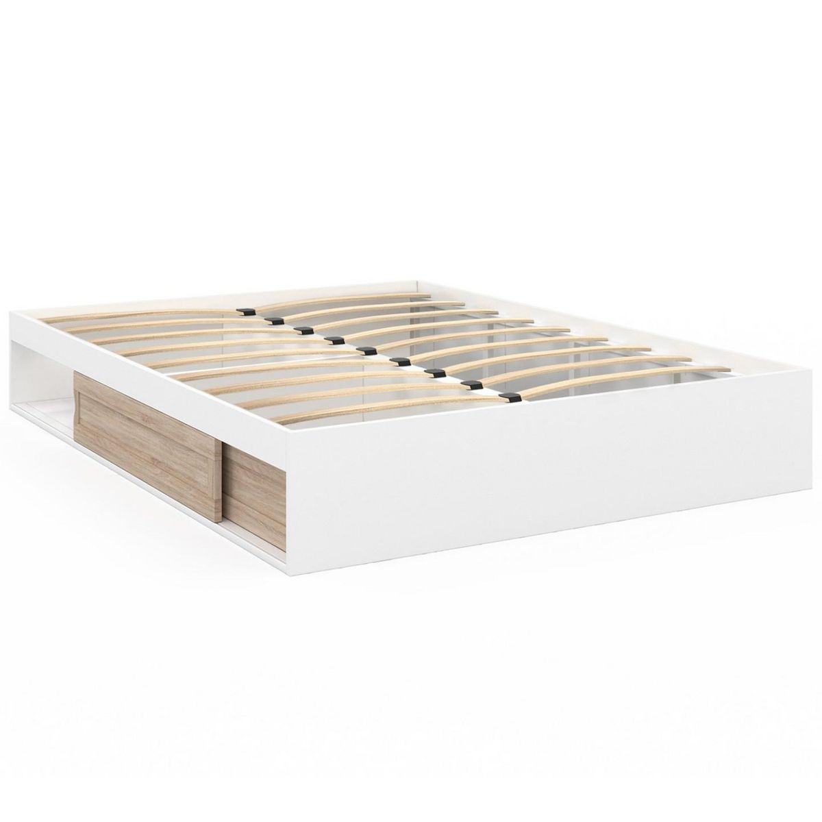 ID MARKET Cadre de lit double SALEM avec rangements et sommier 140 x 190 cm blanc et façon hêtre