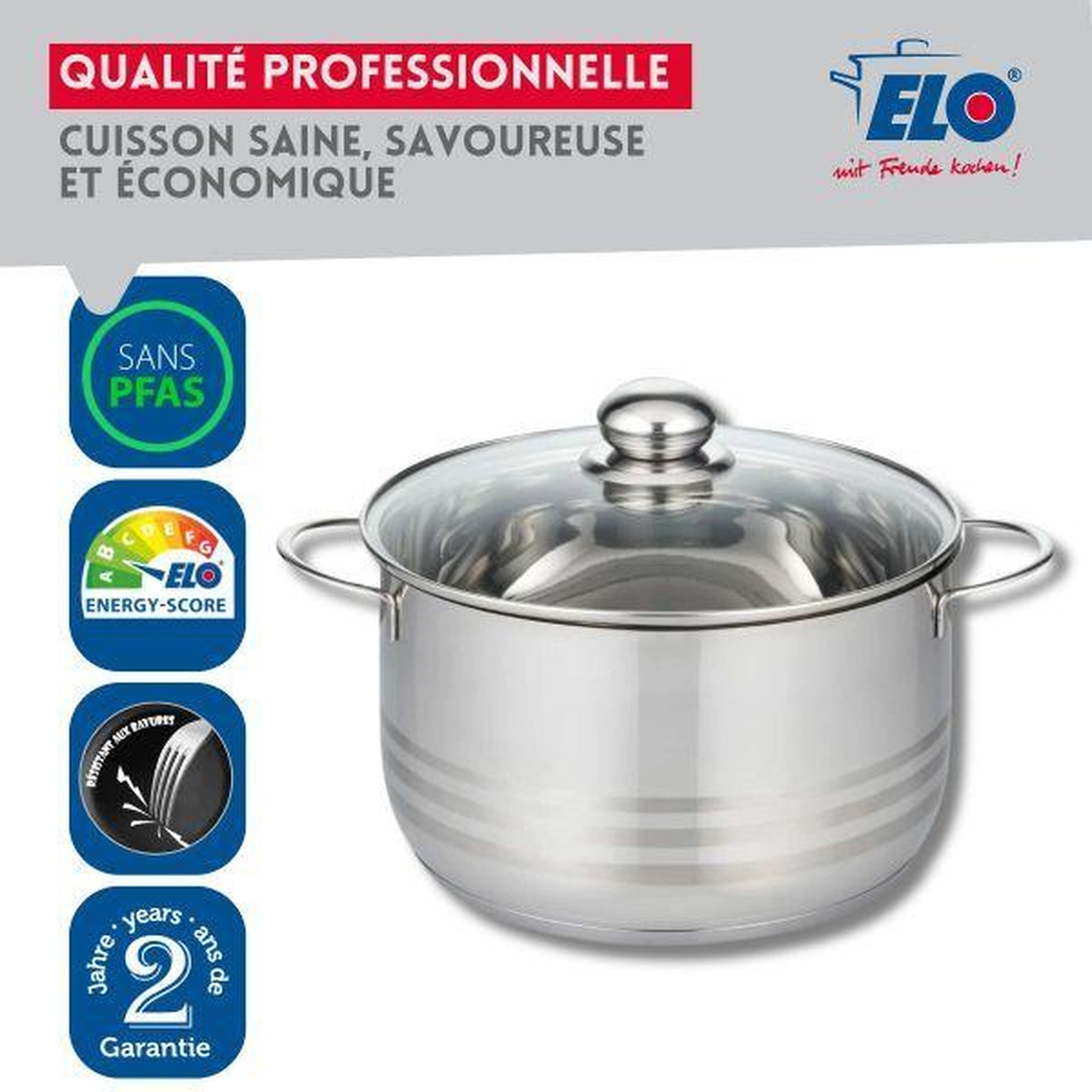 Voir la diapositive 4 : ELO Lot de 3 faitouts 16, 20 et 24 cm en acier inoxydable sans pfas elo brillant