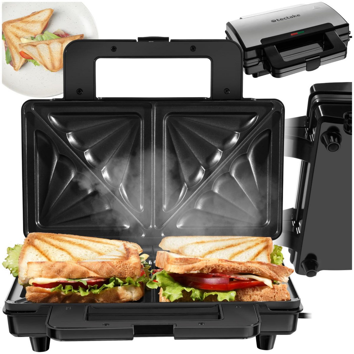 tectake Appareil à sandwichs avec boîtier en aluminium résistant à la chaleur, 1000 W argent
