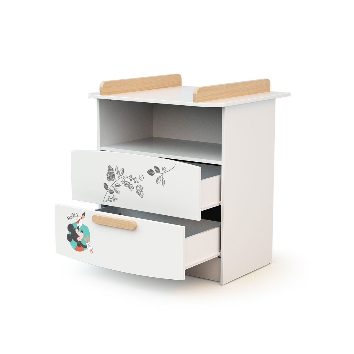 AT4 Commode à langer 2 tiroirs MICKEY DISNEY Blanc et Hêtre