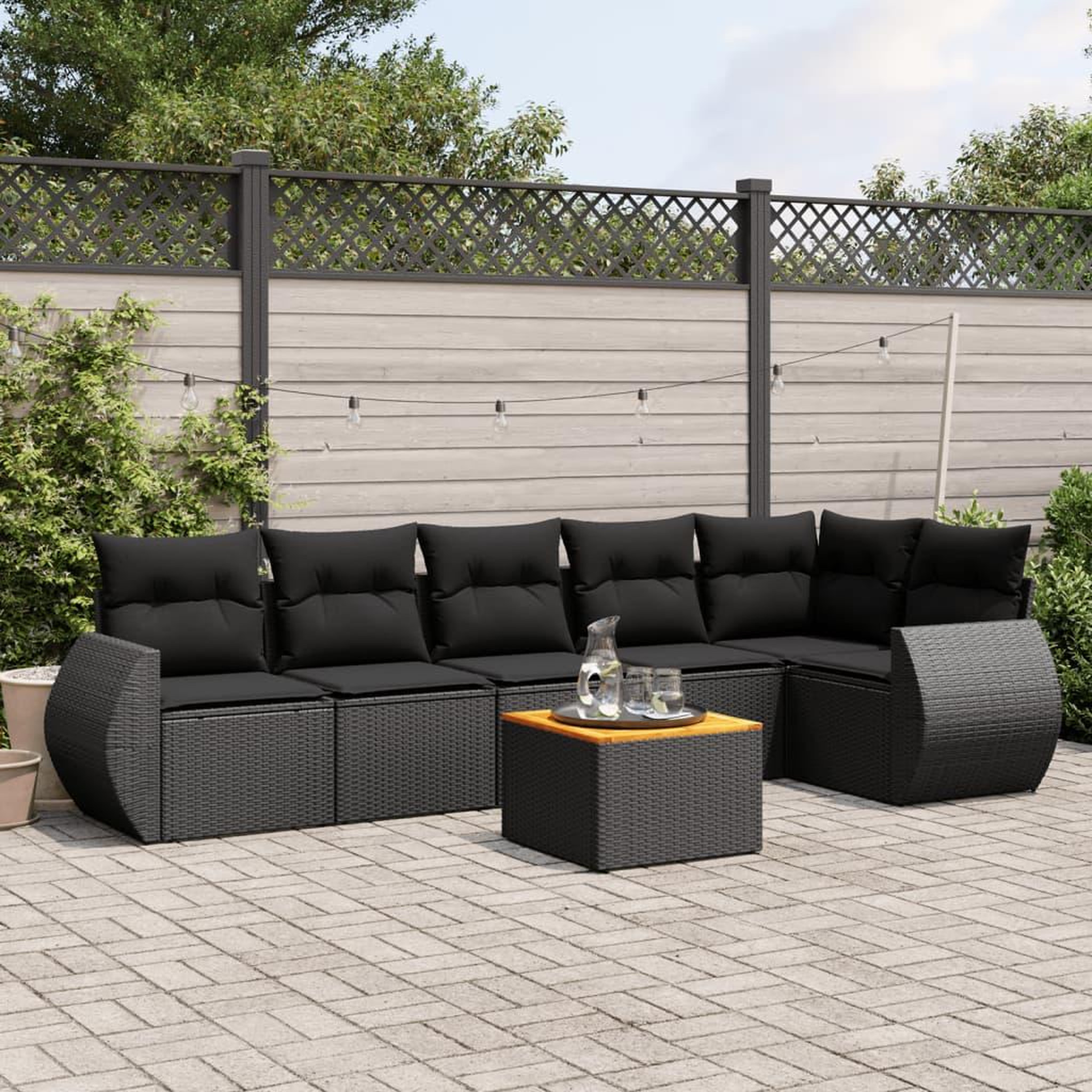 VIDAXL Salon de jardin 7 pcs avec coussins noir resine tressee