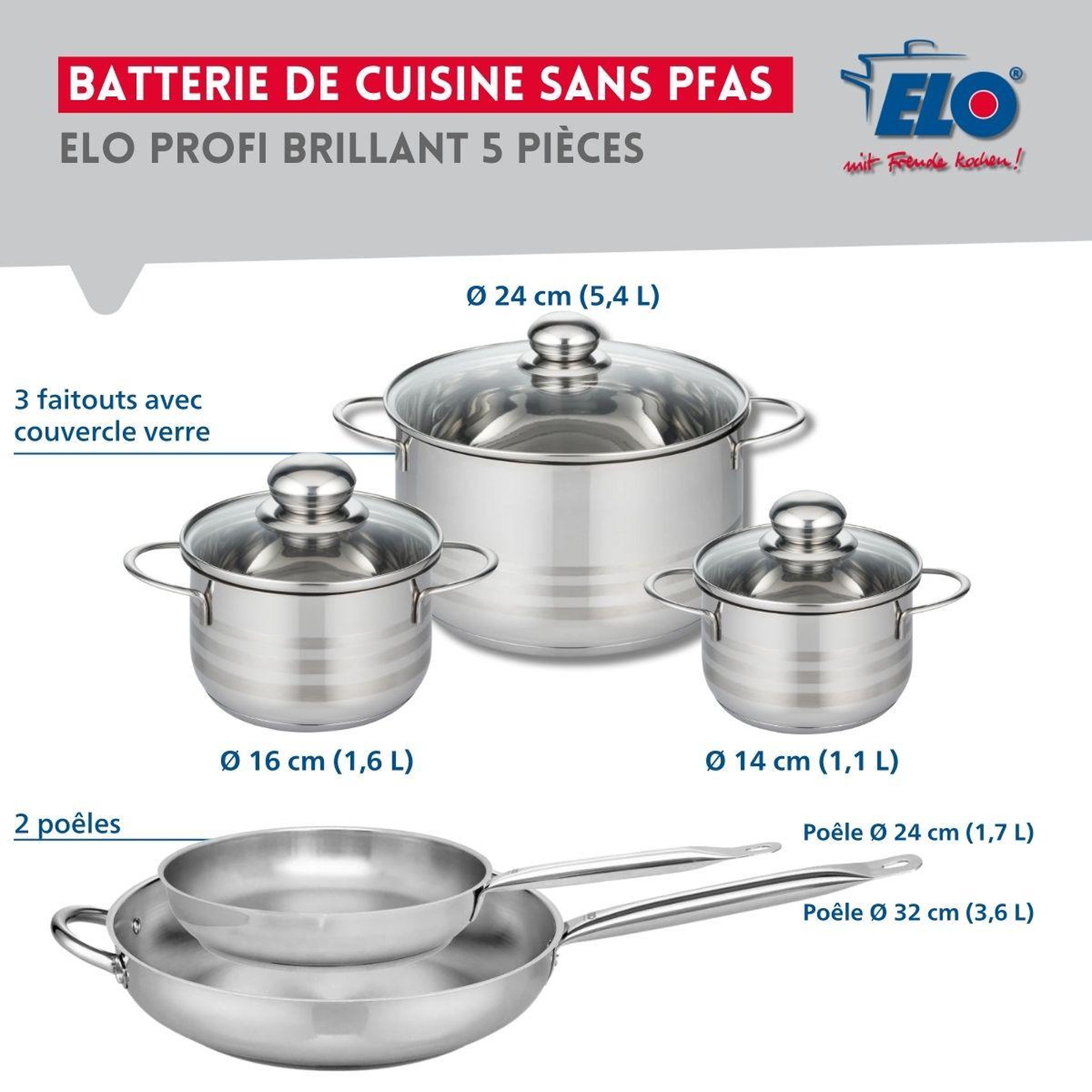 Voir la diapositive 2 : ELO Ensemble de 2 poêles de cuisson 24 et 32 cm et 3 faitouts 14, 16 et 24 cm elo profi brillant