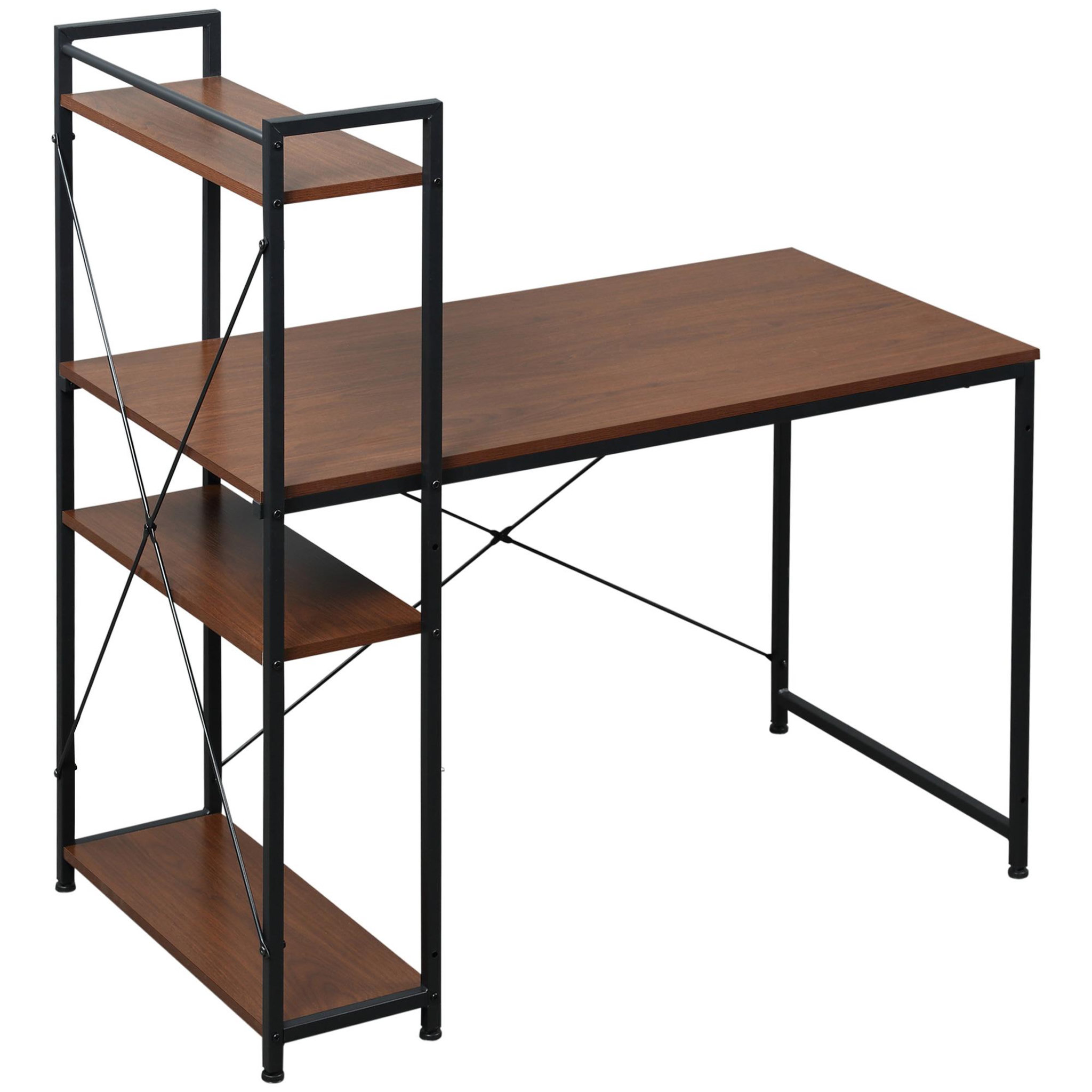 Voir la diapositive 4 : HOMCOM Bureau informatique design industriel avec bibliothèque 3 étagères panneaux particules aspect noyer métal noir