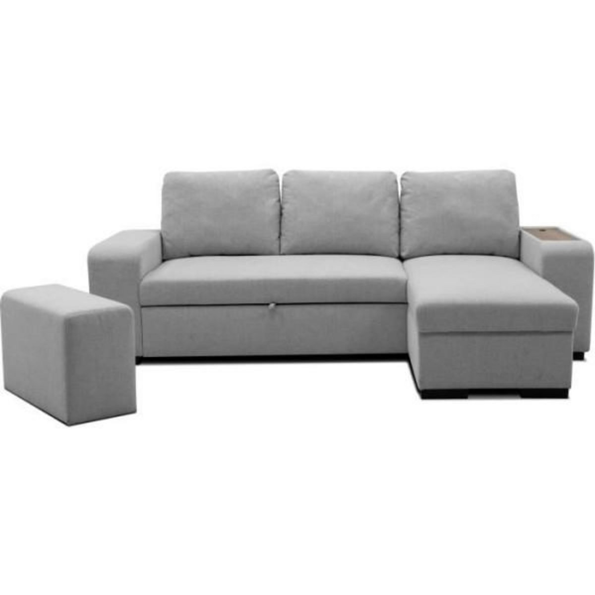 MARKET24 Canapé d'angle convertible réversible VALDO 3 a 4 places - Tissu Souris - Tablette avec USB - Coffre + Pouf - L247xP143xH86 cm