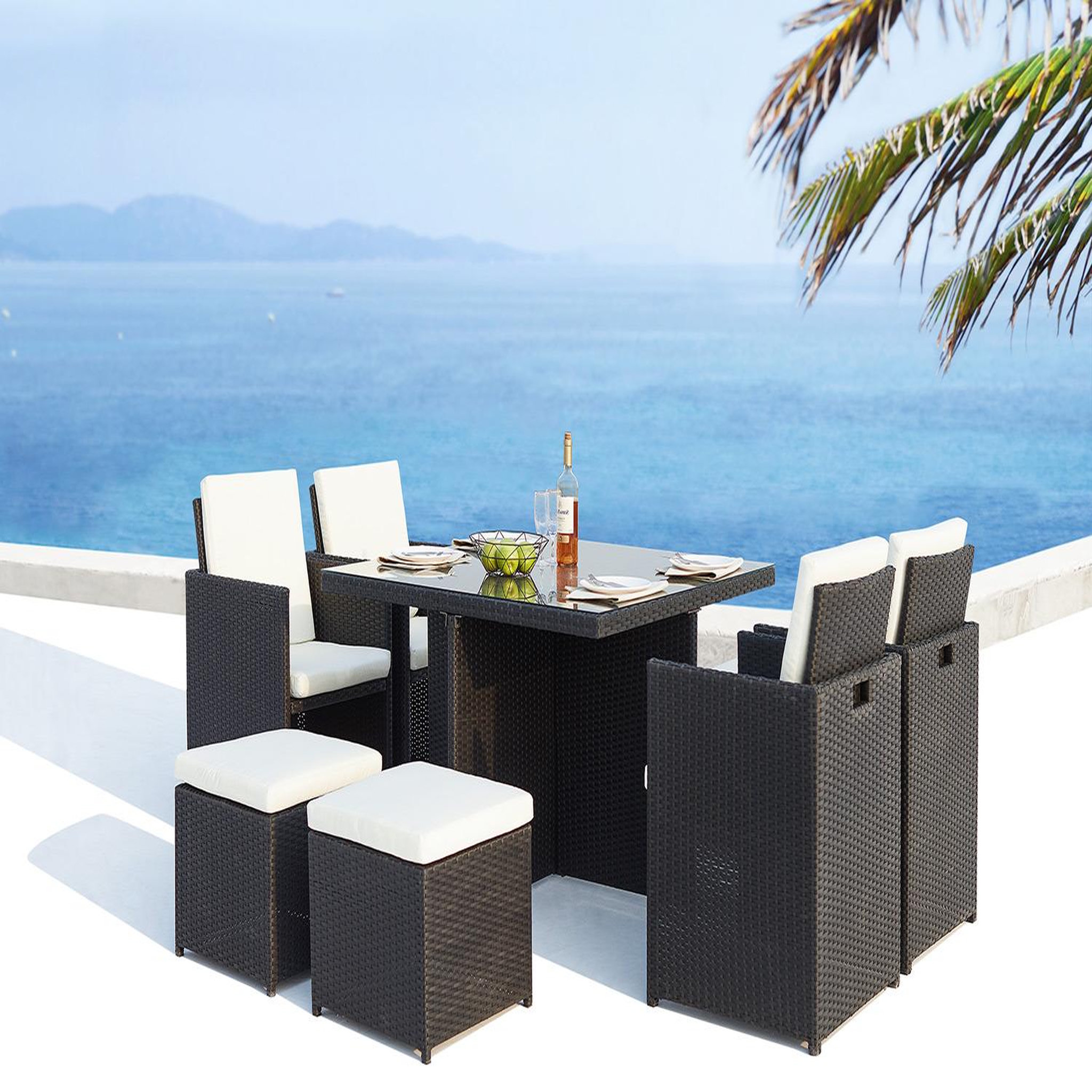 Voir la diapositive 2 : CONCEPT USINE Table et chaises 8 places encastrables en résine noir-blanc monaco