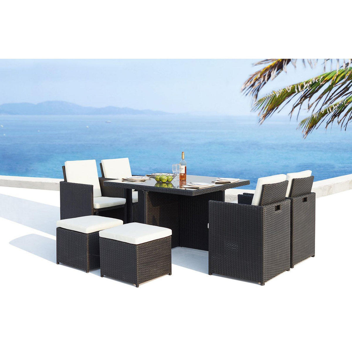 CONCEPT USINE Table et chaises 8 places encastrables en résine noir-blanc MONACO