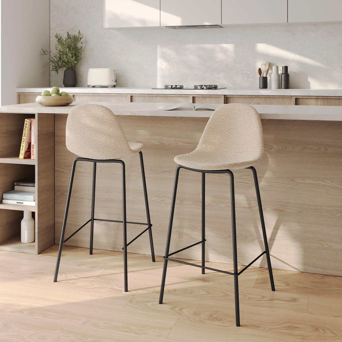 Rendez vous déco Lot de 2 chaises pour îlot central 65.5 cm en tissu bouclette beige-Henrik