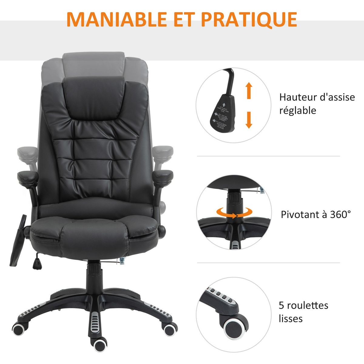 HOMCOM Fauteuil de bureau direction pivotant massant chauffant électrique revêtement synthétique noir