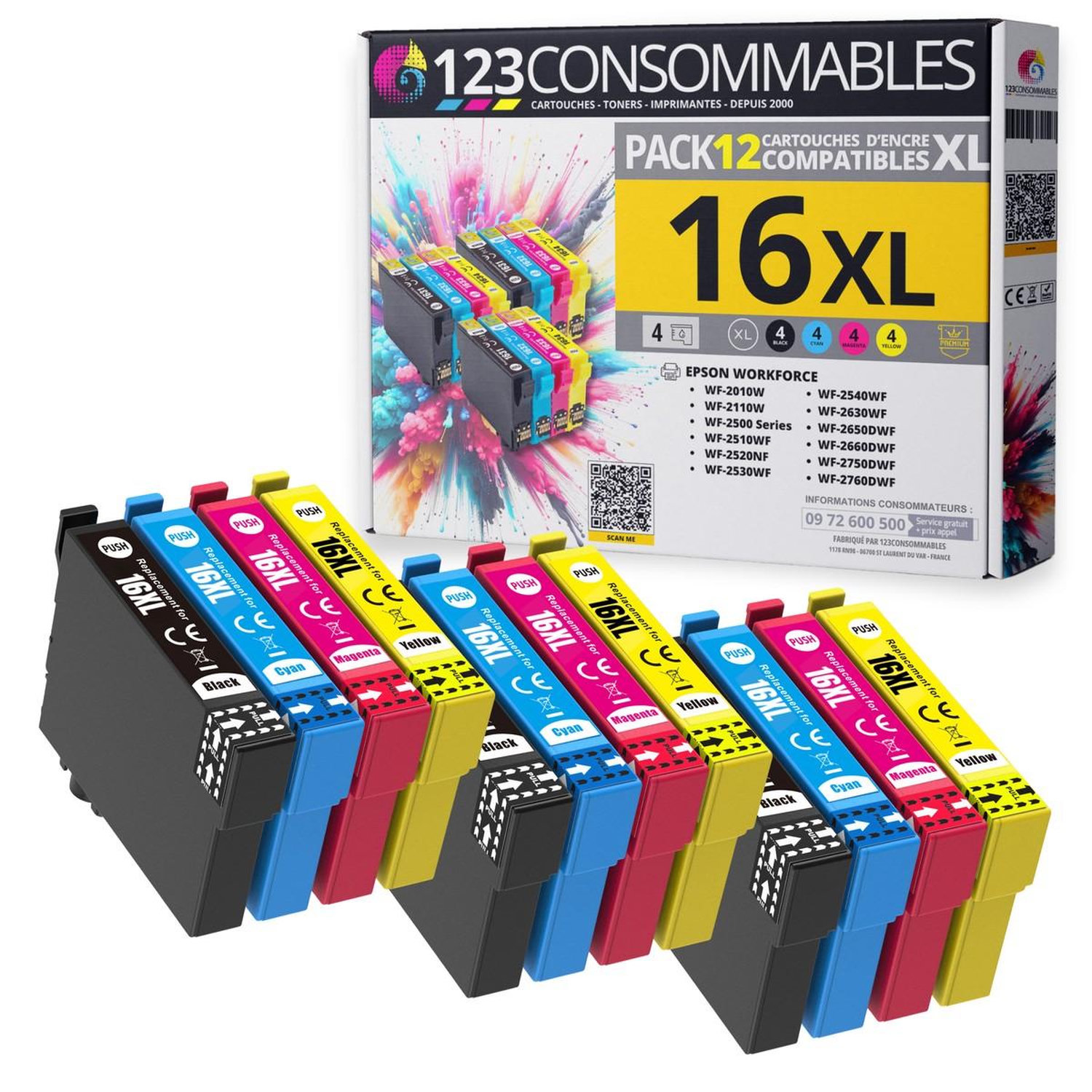 123CONSOMMABLES 16XL Pack de 12 cartouches d'encre compatible avec Epson Workforce WF 2750 WF 2760 WF 2660 WF 2650 WF 2630 WF 2540 WF 2530 WF 2510 WF 2010 Neuf - vue 3