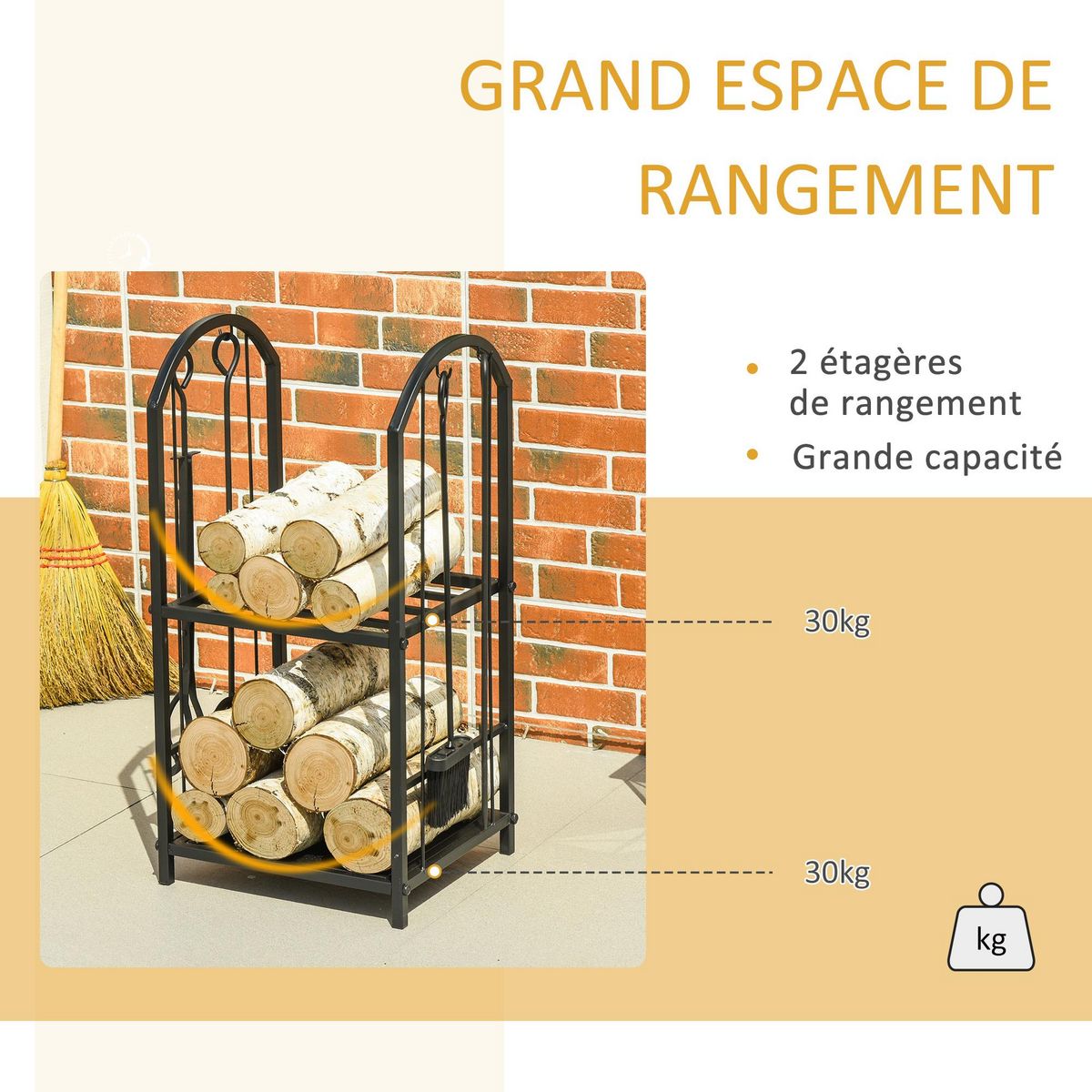 OUTSUNNY Serviteur de cheminée - porte bûches - range bûches multi-accessoires 2 étagères métal noir
