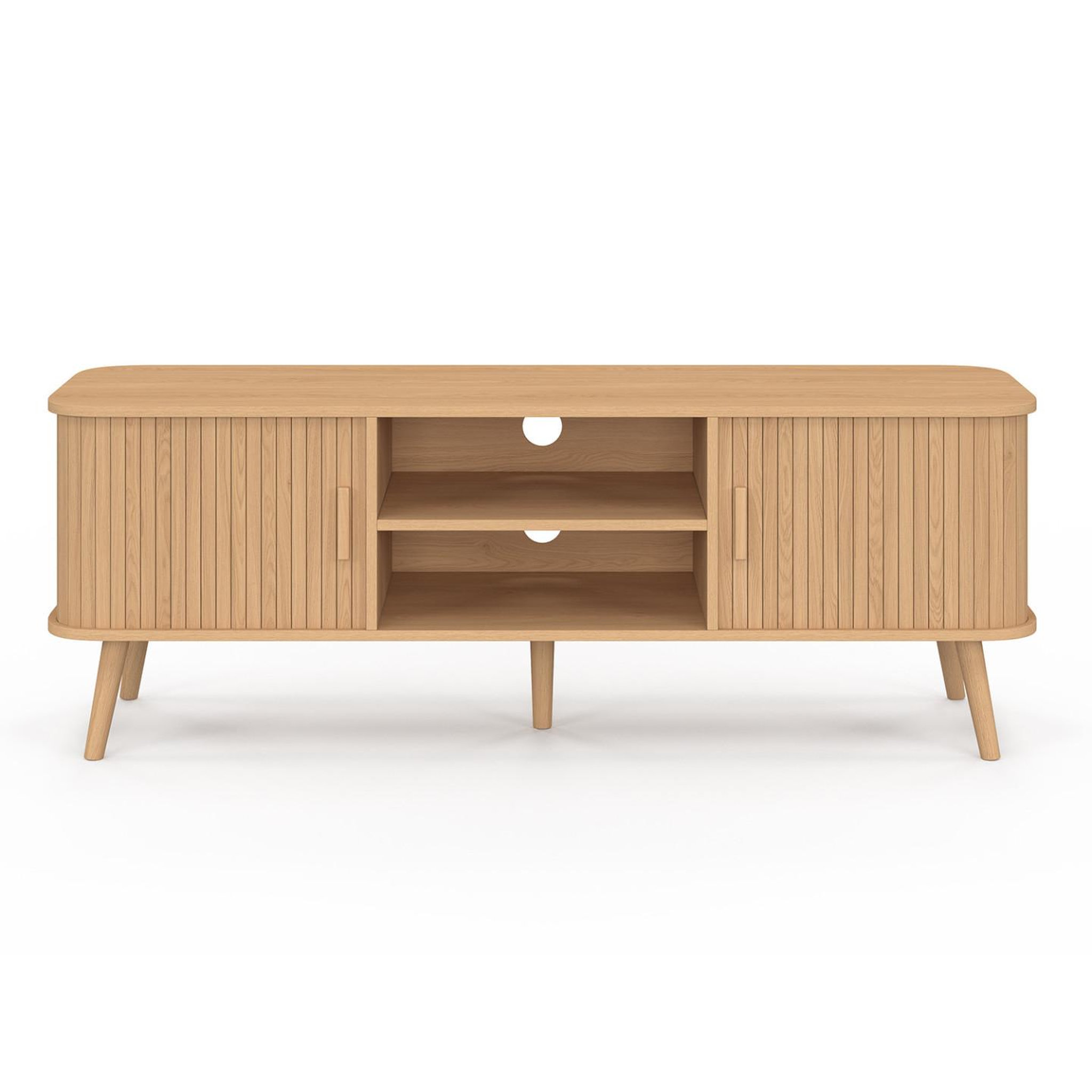 Voir la diapositive 3 : ID MARKET Meuble tv 140 cm romie 2 portes coulissantes lattes tasseau bois coloris chêne