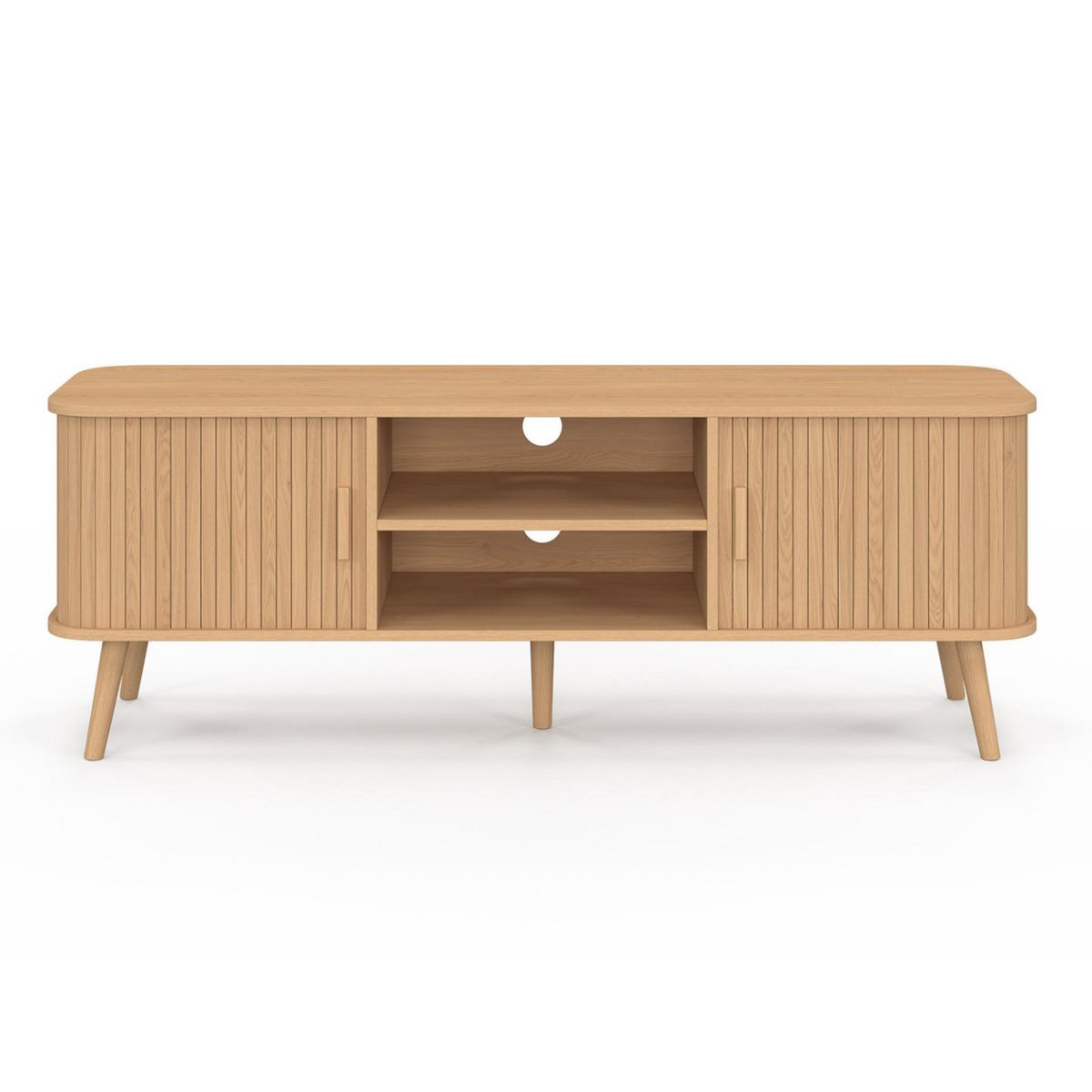 ID MARKET Meuble TV 140 cm ROMIE 2 portes coulissantes lattes tasseau bois coloris chêne