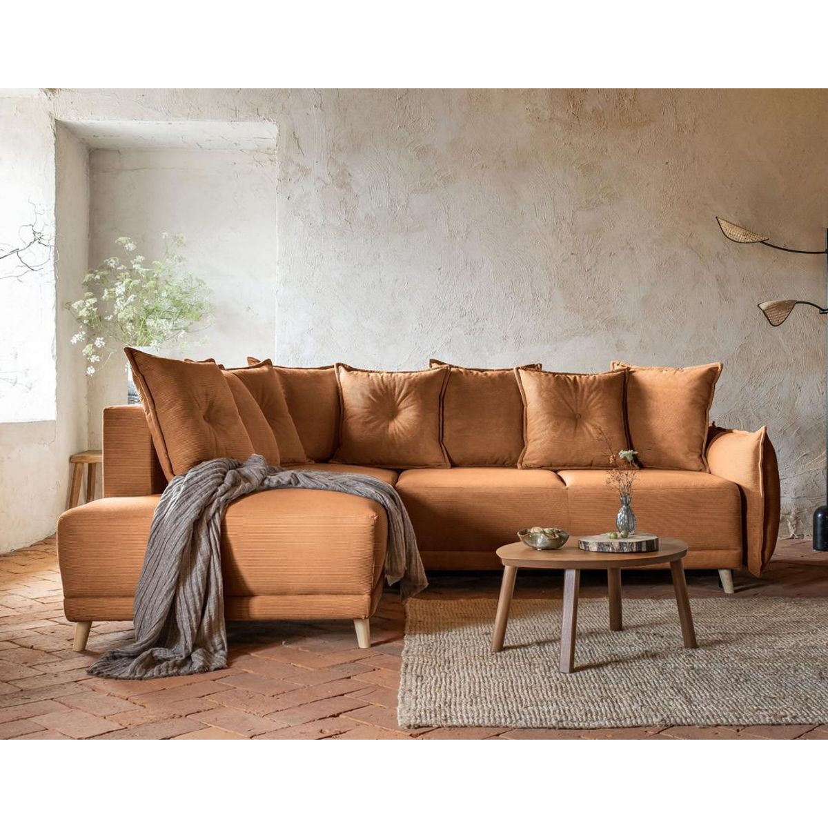 BEST MOBILIER Lena - canapé d'angle gauche 5 places - convertible avec coffre - en velours côtelé