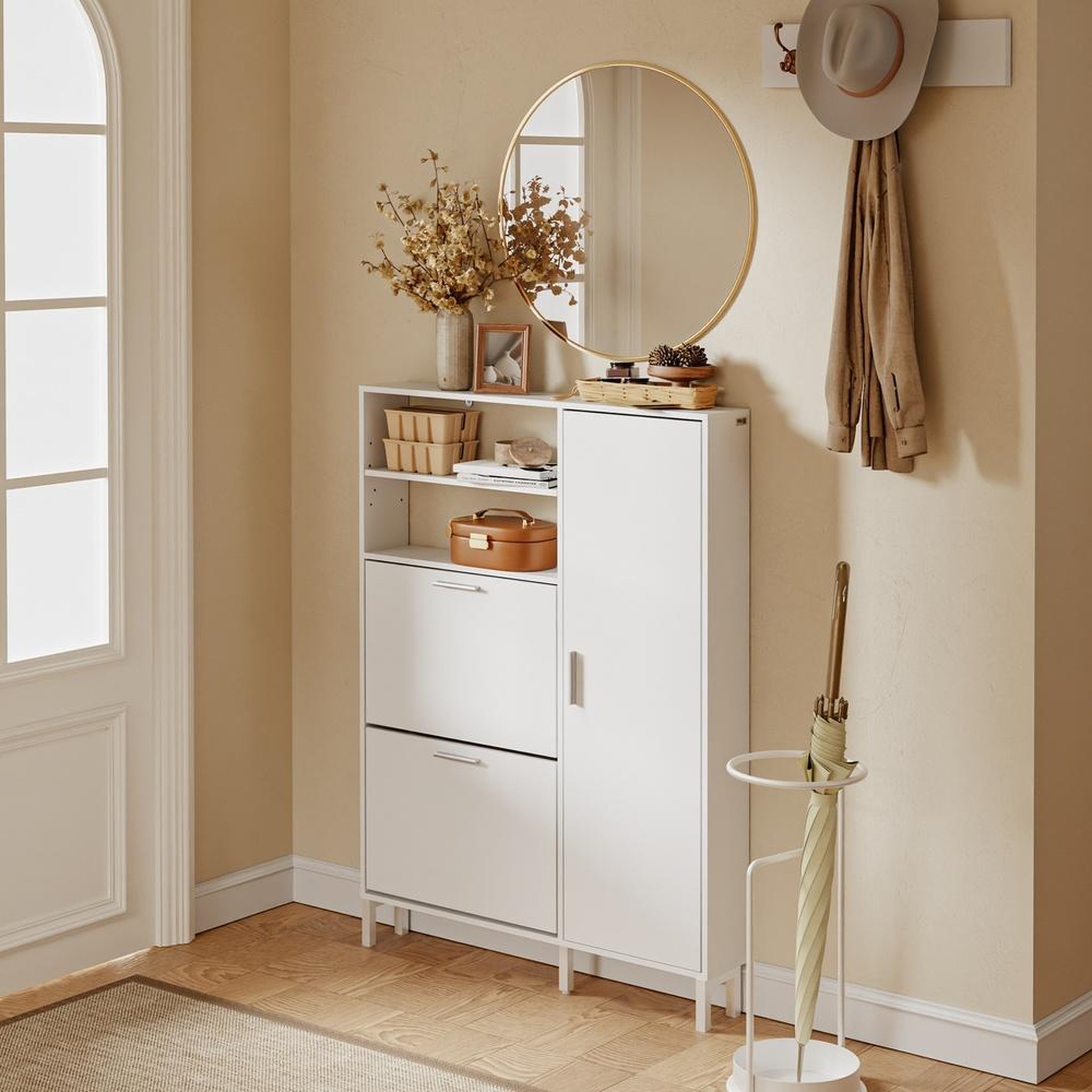 Voir la diapositive 2 : SOBUY Armoire à chaussures compacte 2-en-1 avec portes rabattables et étagères inclinées, blanc