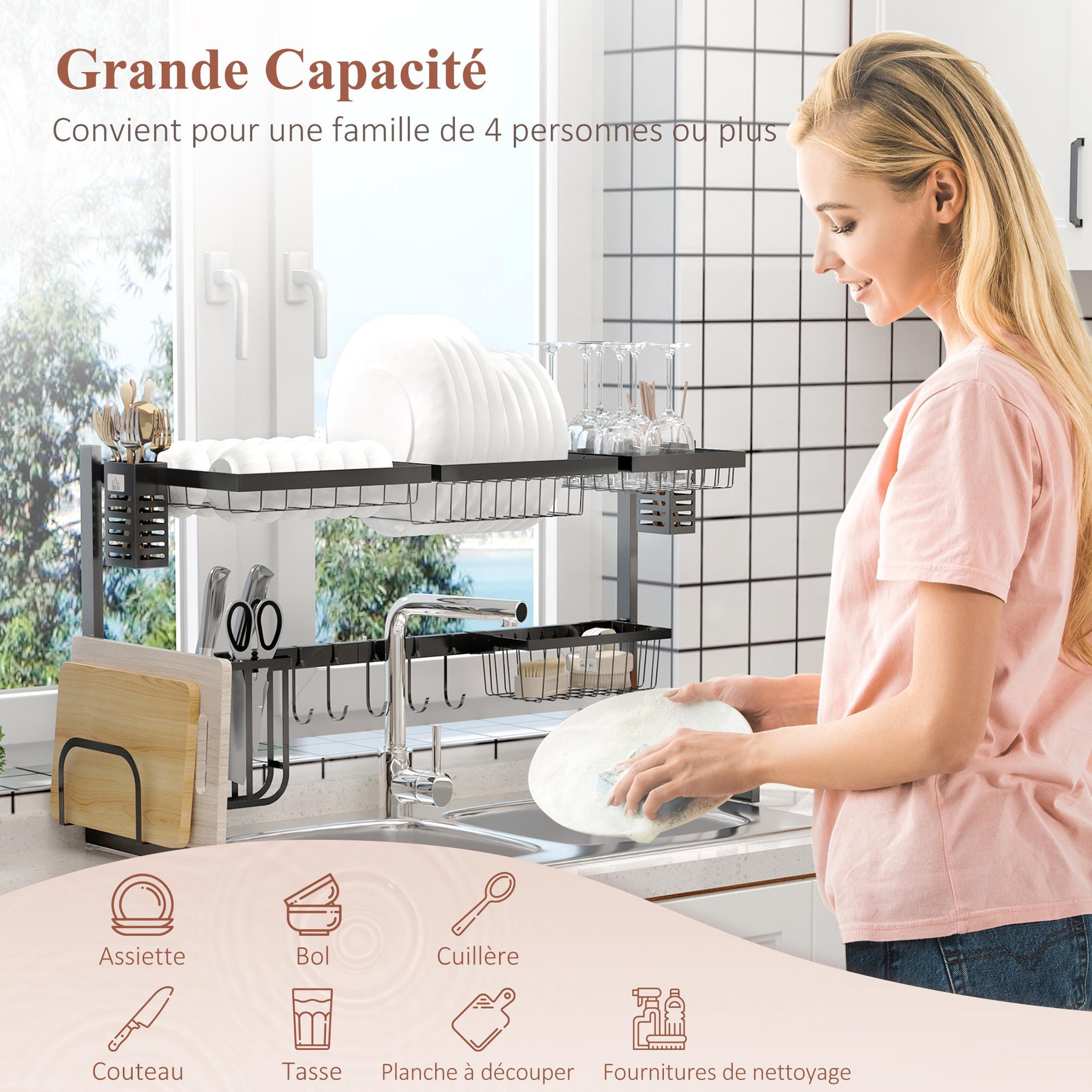 Voir la diapositive 4 : HOMCOM Égouttoir à vaiselle - organiseur d'évier - 8 espaces de séchage - pieds ventouses - acier inox. noir