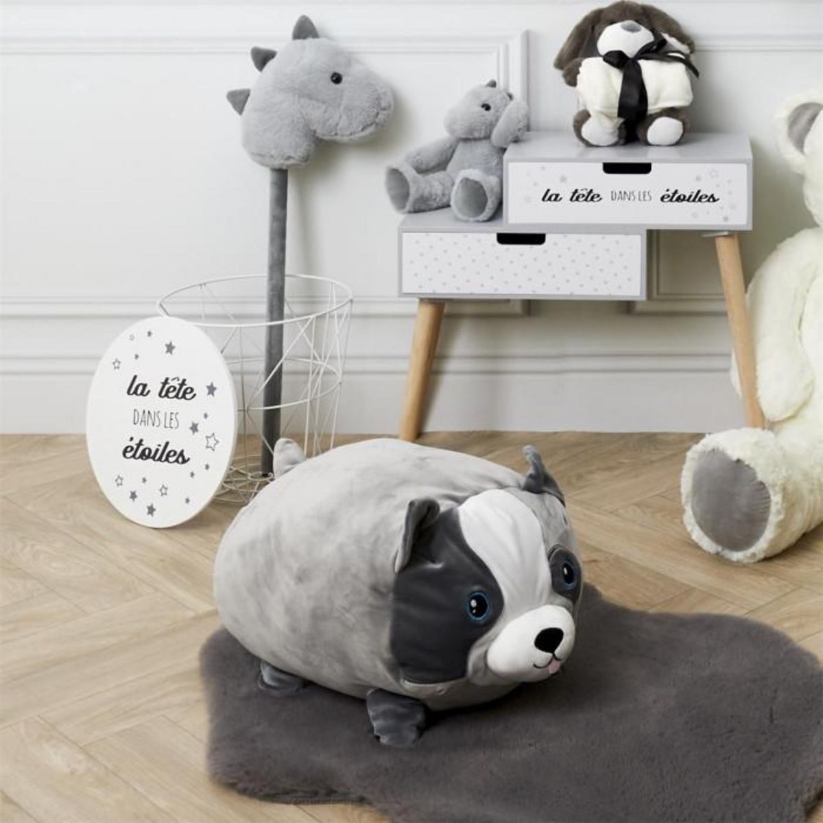 Paris Prix Peluche Coussin Enfant  Chien  30cm Gris & Blanc