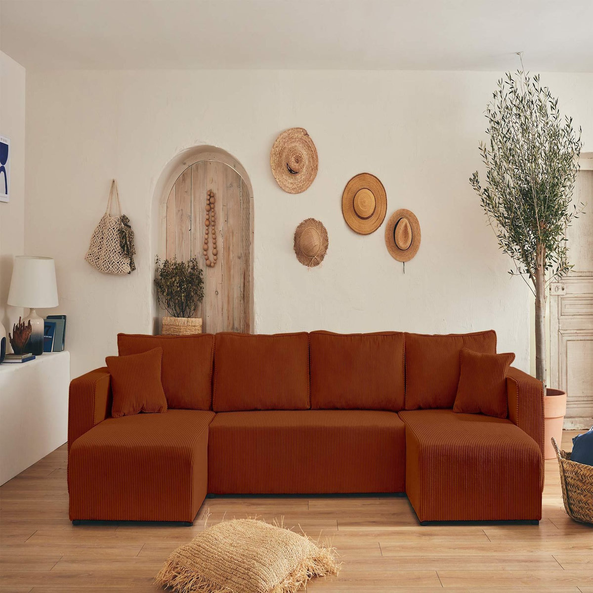 BEST MOBILIER Topaze - canapé panoramique en u - 7 places - convertible avec coffre - en velours côtelé