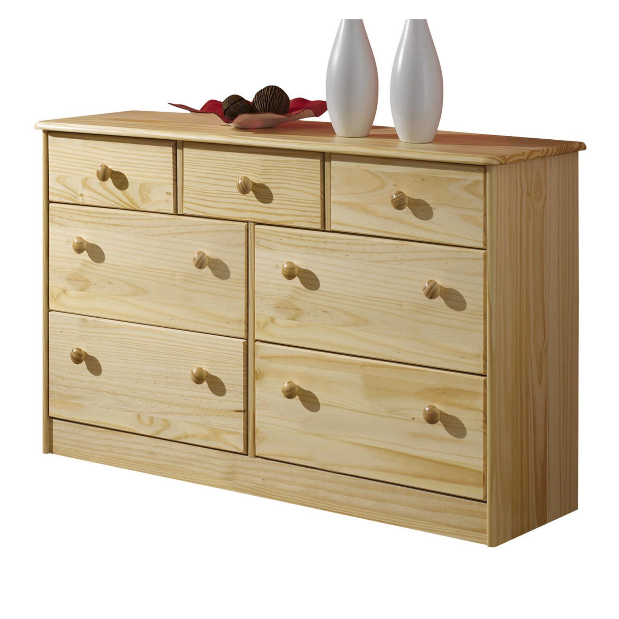 Voir la diapositive 1 : IDIMEX Commode RONDO bahut buffet meuble de rangement avec 3 petits et 4 grands tiroirs, en pin massif vernis naturel