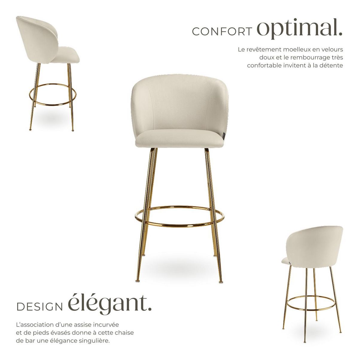 tectake Chaise de bar en velours rembourré crème/or Ensemble de 6 pièces