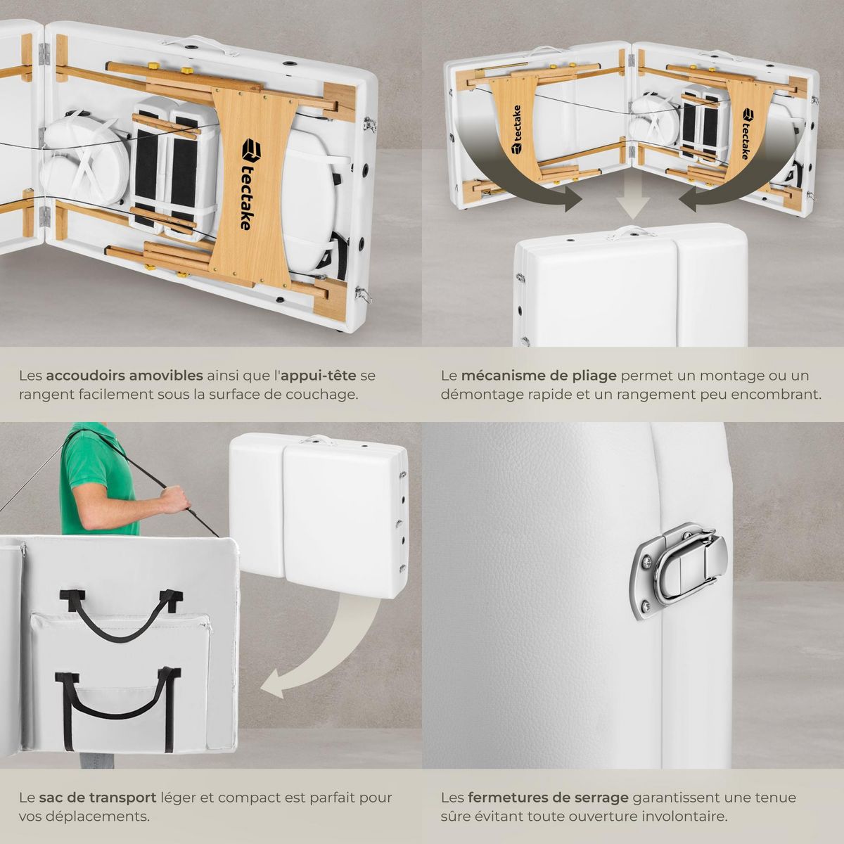 tectake Table de massage portable et pliante à 3 zones largeur 70 cm et rembourrage 10 cm blanc