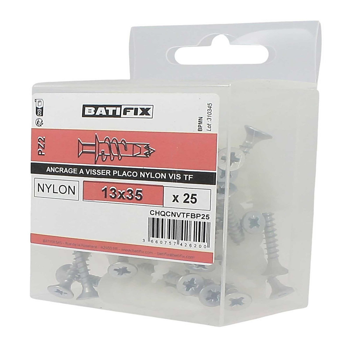 VISWOOD Cheville à Visser Nylon BATIFIX - 13x35 mm x 25 x 25