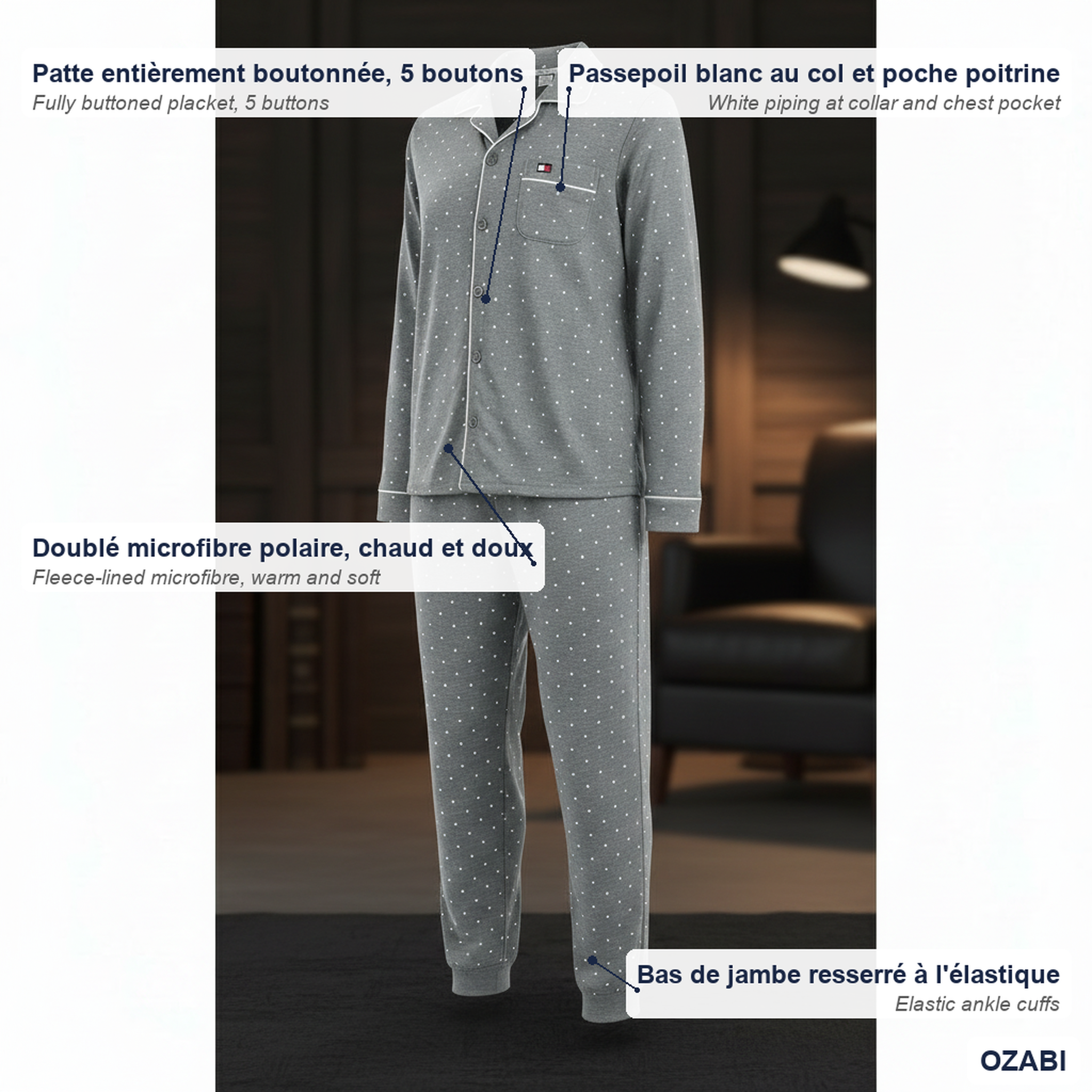 Voir la diapositive 5 : OZABI Ozabi ensemble pyjama homme doublé polaire boutonné petits pois