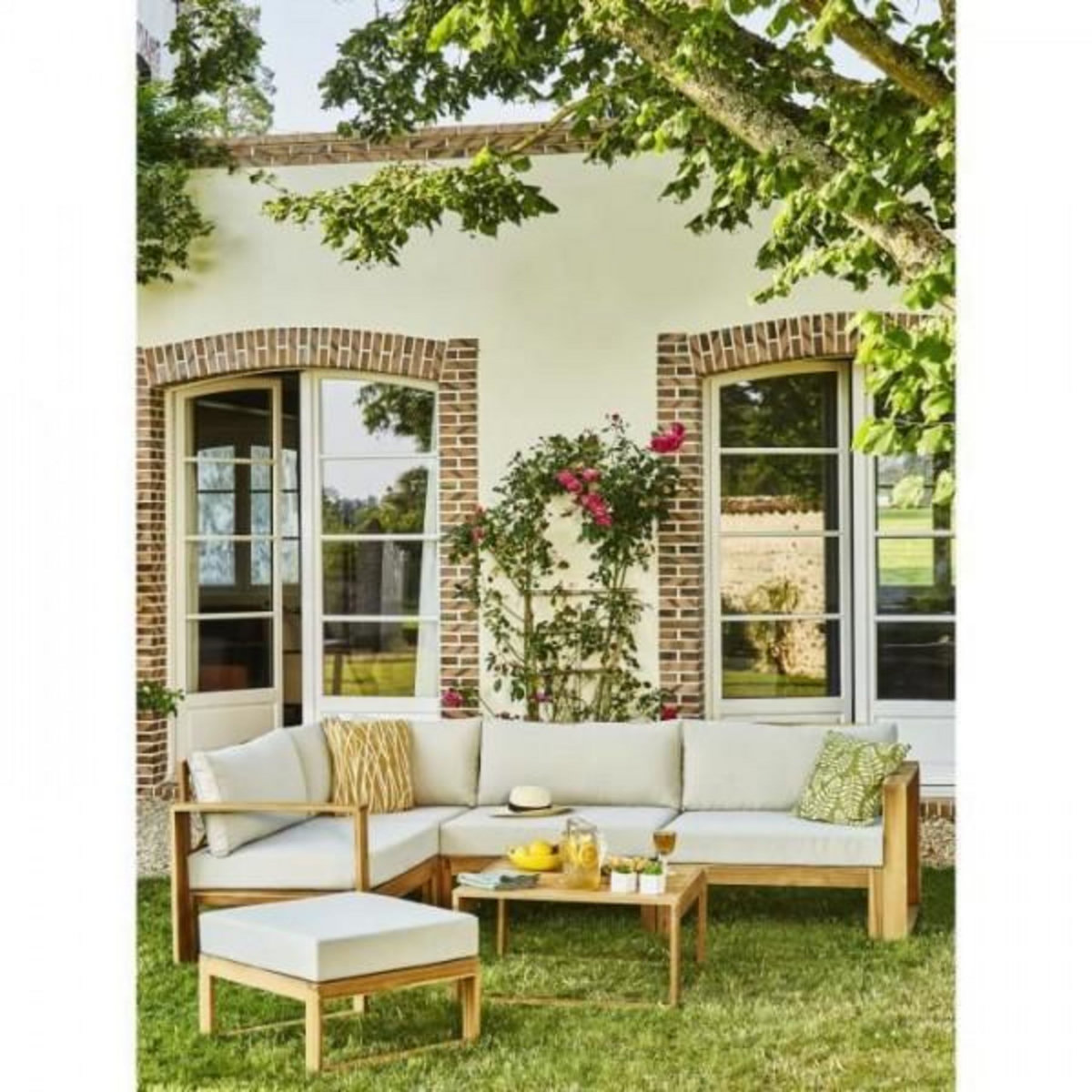 BOCARNEA Salon de jardin en bois d'Acacia FSC avec coussins lin - BOCARNEA - 6 personnes - LEVATA